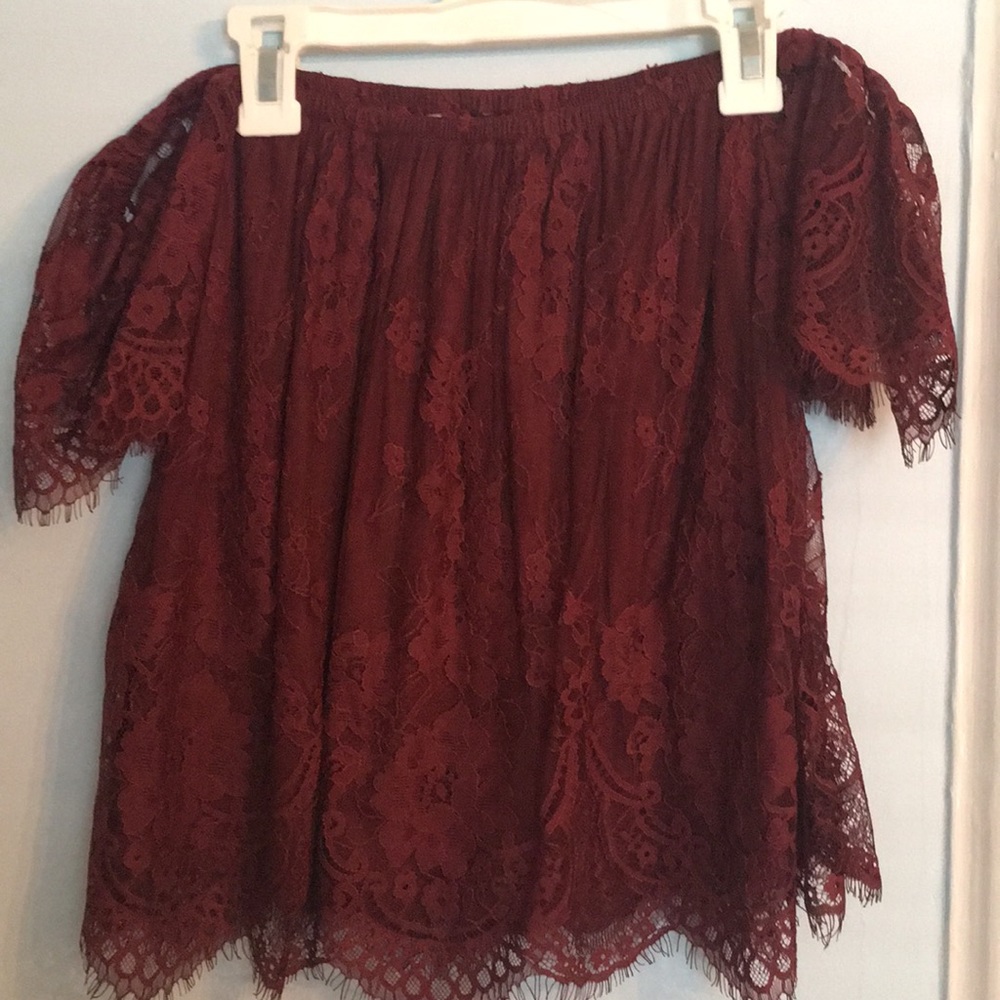 Maroon off the shoulder lace top from AE